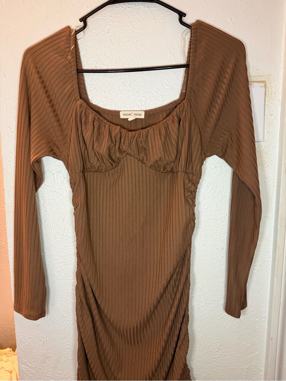 Moa Moa Ribbed Chest-Detail Brown Long Sleeve Dress